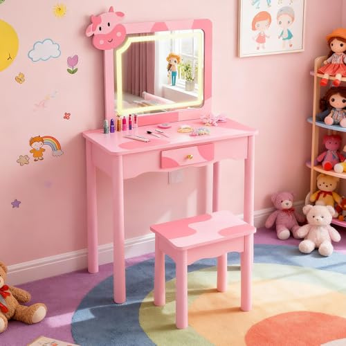 Karl home 2 in 1 Kids Vanity Set with Lighted Mirror and Stool, Cute Cow-Shaped Pretend Play Makeup Desk with Large Drawer, Toddler Princess Dressing Table & Chair Set for Little Girls, Pink