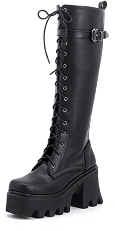 Botas Altas hasta La Rodilla con Plataforma para Mujer Punk Gótico Botas Militares con Cordones De Tacón Ancho