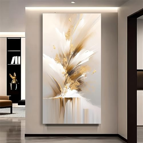 UUDEZO Tableau décoratif abstrait vertical doré, lumineux et luxueux, idéal pour la décoration murale de votre salon (50 x 100 cm avec cadre).