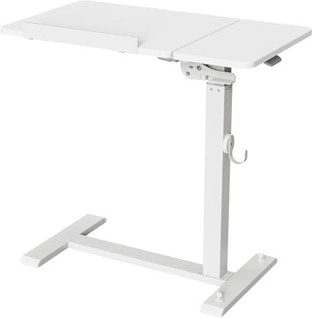 ETHU Klappbarer Beistelltisch mit Rollen, Höhenverstellbarer Nachttisch (68-108 cm) & Neigbare Tischplatte, Mobiler Computertisch Laptoptisch Kappbarer Überbetttisch für Bett, Sofa & Homeoffice, Weiß