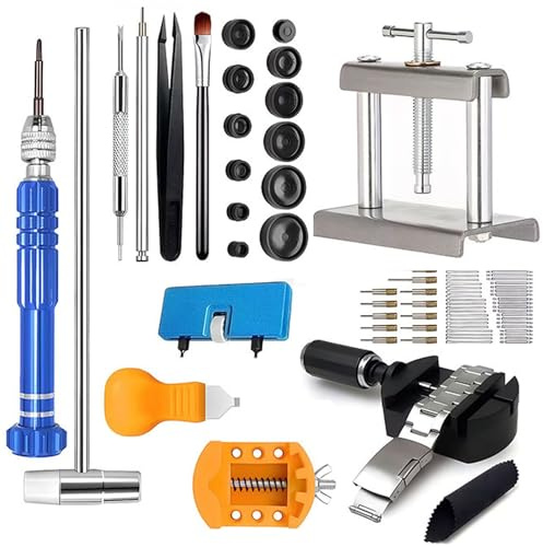 Haelyze Uhrenwerkzeug Set, Uhrenpresse Set, Uhrmacherwerkzeug Uhr Batteriewechsel Uhrenarmband Kürzen Werkzeug Einpresswerkzeug Schraubendreher, Uhrenöffner geeignet für Uhrendeckel Öffner Reparatur