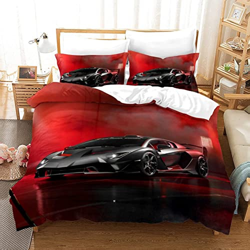 Juego de ropa de cama de 135 x 200 cm para niños, moderno, rojo, funda nórdica para niños, jóvenes, 3 piezas, decoración deportiva extrema, juego de camas con cremallera y 2 fundas de almohada de 50