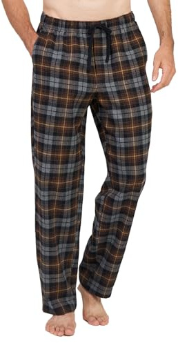 LAPASA Men's Plaid 100% Cotton Flannel Loungewear Pyjama Pants Nightwear Trousers M39 (Brown + Heather Grey, M)