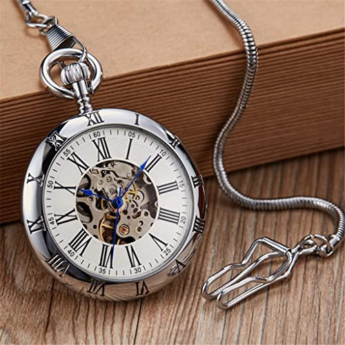 HODAGES Kupfer Silber Automatische Mechanische Taschenuhr Uhr Kettenuhr Männer Römische Zahlen Uhr Taschenuhren (Silber)