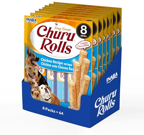 Churu Rolls by INABA Dog Treat – Sabor Pollo y Queso, Paquete de 8 (64 x 12 g en Total), palitos crujientes con Relleno cremoso para Perros, Aperitivo Delicioso y Saludable, alimentación Manual,