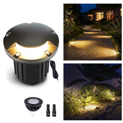 Gardenreet In Ground Well Light - Brass 12V Ip65 Waterproof Outdoor Landscape Lighting, Low Voltage LED In-Grade Turret Top Light, Antique Bronze for Walkway Patio Deck with 2700K Warm White MR16 Bulb