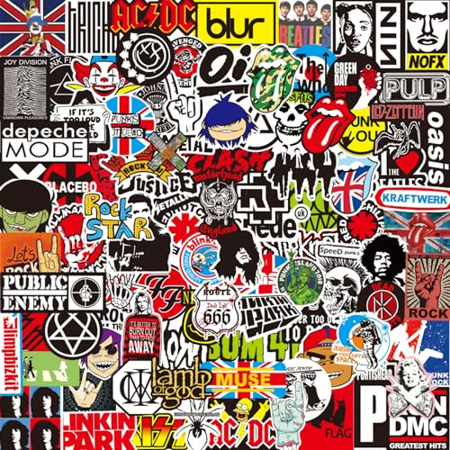 Adesivi Rock Band, 100 pezzi di adesivi rock classici, adesivi cool rock band punk per laptop, album di ritagli, valigie, skateboard, bambini e ragazzi