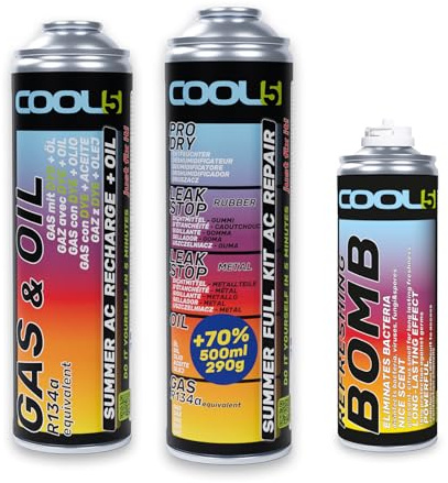 Cool5 Kit de réparation pour climatisation Summer Full Kit AC Repair Summer AC Recharge + Huile (substitut du R134a) – pour Voitures de 1995 à 2016, 290 g + 70% de Produit + Product rafraîchissante