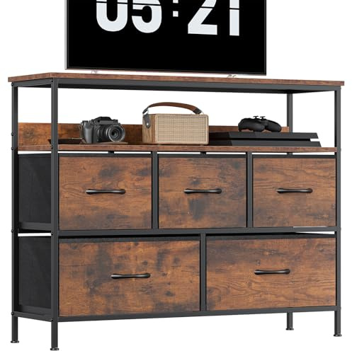 KU Syang 5-Drawer Chest of Drawers with TV Stand | Heavy-Duty Steel Frame & Scratch-Resistant MDF Top | Multi-Functional Storage Unit with Fabric Drawers for Bedroom & Living Room Hallway Rustic Brown