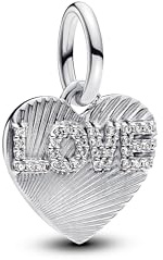 PANDORA Moments Gravierbarer Love-Herz Charm-Anhänger aus Sterling Silber mit Zirkonia, Kompatibel Moments und ME Armbänder, 793604C01