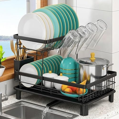 ATEK 2-Tier Dish Drainer Rack Space Saving draining Board rack with drip tray, Wooden Handle Dish Drying Rack for Kitchen Sink drainer rack Plates Cups Cutlery Utensil Draining Washing up Holder