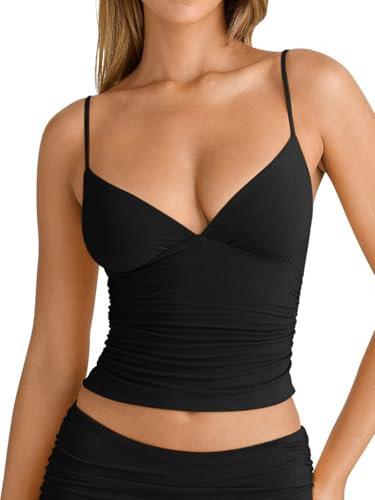 PINKMSTYLE Women's V Neck Sleeveless Ruched Camisole Tops Adjustable Spaghetti Strap Sexy Crop Going Out Top 2026 Outfits Trendy Black X-Small