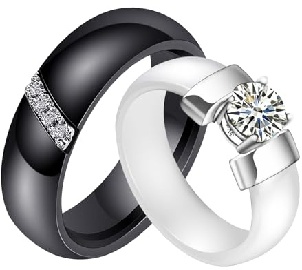 AMDXD Keramik Ring, 6mm Facettierter Damenring & Herrenring mit 5A Zirkonia für Frauen, Unzerbrechlich & Verfärbt Sich Nicht, Glänzender Verlobungsring & Krazt Nicht, Schwarz/Weiß, Gr.49-67