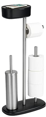 Yellowshop – Piantana Porta Rotolo Wc da Terra 4 in 1 Lark con Porta Salviette, Porta Cellulare, Multifunzione con Scopino in Acciaio Inox, Scorta Rotoli e Contenitore. (Nero)