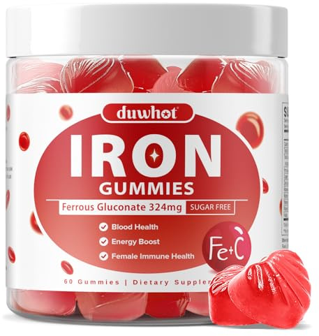 Iron Supplement for Women Teen Girls, Ferrous Gluconate 324 mg, Iron Gummies with Vitamin C, A, B, Folate, Copper, Zinc, Energy & Blood Support, Immune Health, Sugar Free 60 Gummies