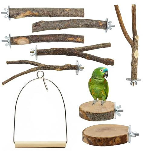 9 Stück Natur Sitzstangen Set für Vögel, Papagei Schaukel Spielzeug, Naturholzstangen Vogelständer, für Wellensittich, Kanarienvogel, Nymphensittich, Vogelspielzeug Holz, Vogelkäfig Zubehör