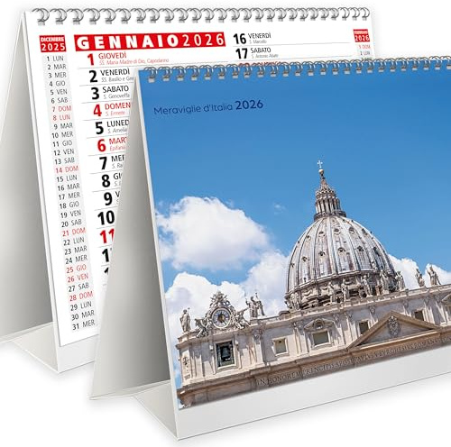 Calendrier 2026 de table photo « Merveille d'Italie » avec fêtes Semaines, lunes saintes et espace pour notes – Certifié écologique FSC Mix Credit – Parfait pour la maison et le bureau – 19,5 x 16 cm