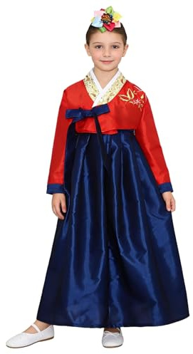 Jugaoge Enfant Fille Ensemble Hanbok Coréen Haut Manches Longues Jupe Longue Tenue de Hanbok Anniversaire Fête Rouge 5-6 ans