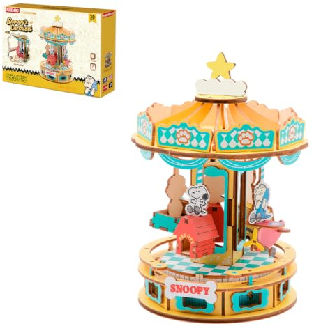 PUREMIND Snoopy karusell 3D-träpussel – officiellt licensierat PEANUTS-karusellscen med roterande karusell, gör-det-själv träbyggsats, samlarmodell och present