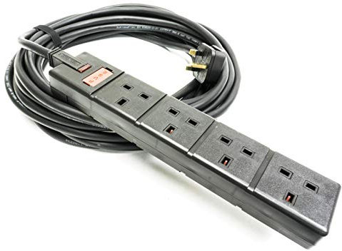 25m TOUGH H07RN-F Rubber Mains cable. Uk Plug to 4 Gang Socket, Black. Permaplug. 13amp