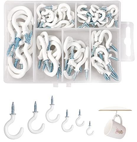 funvce 70 Stück Schraubhaken, Cup Hakenschraube mit Holzgewinde in 6 Größen, Deckenhaken für Werkzeug Küche Garten Außen Innen