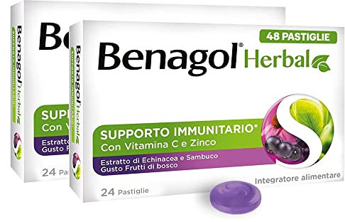 Benagol Herbal Gusto Frutti Di Bosco, Integratore Difese Immunitarie a Base di Vitamina C e Zinco con Echinacea e Sambuco, Azione Emolliente e Lenitiva, per il Sistema Immunitario, 48 Pastiglie