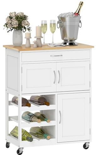 HOMCOM Modern Kitchen Trolley, Rolling Island Storage Cart with Drawer, 9-bottle Wine Rack, Door Cabinets, Wooden Countertop, White