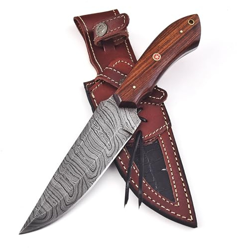 Handmade Damascus Steel Hunting Bowie Knife with Leather Sheath | 11'' Hand Forged Full Tang Fixed Blade Damascus Skinning Knives For Men and Women | EDC Razor Sharp Blade Bushcraft Camping Survival Knifes with Belt loop for Vertical and Horizontal Carry ,Rose Wood Handle 6063