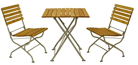 DEGAMO Garten Sitzgruppe Klappgarnitur Passau 3-teilig (2X Stuhl, 1x Tisch eckig 70x70cm), Gestell Flachstahl verzinkt und transparent pulverbeschichtet, Belattung Robinien Holz, Outdoor