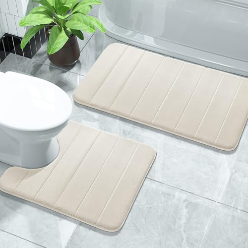 Yimobra Memory Foam Bath Mat Set, 2 Piece Soft Bathroom Rug,81x51 cm and 61x52 cm U-Shaped, Toilet Mat, Water Absorption, Non Slip, Thick, Dry Fast for Bathroom Floor Mat, Cream White