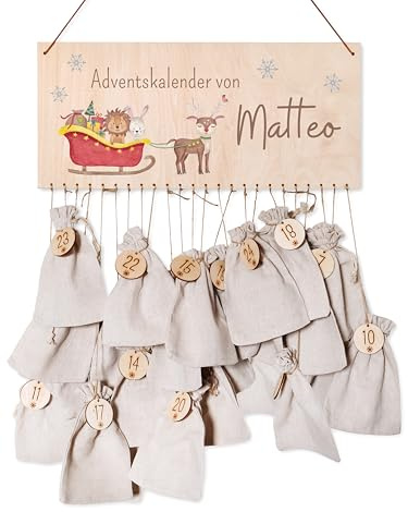 wunderwunsch® - Personalisierter Adventskalender zum selber befüllen - mit kinderfreundlichem Druck auf Holz - mit Juteschnur Jutesäckchen und Holzzahlen