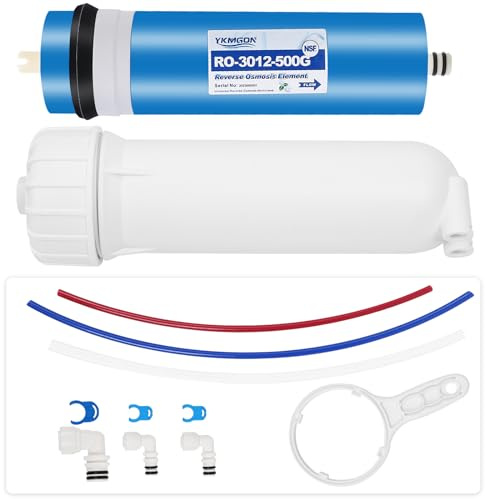 YKMGON 500GPD Umkehrosmose-Membran-Set mit RO-Membrangehäuse, Schraubenschlüssel, Schnellverbindungsarmaturen, Rückschlagventil und Wasserrohr-Ersatz für Unterspüle, Heim-Trinkwasserfiltersystem