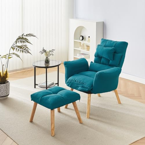 CLIPOP Relaxsessel mit Hocker Verstellbarer Lesesessel mit 6 Positionen Extra Dick Gepolsterter Lehnstühle Liegesessel Fernsehsessel Ohrensessel mit Liegefunktion (Blau)