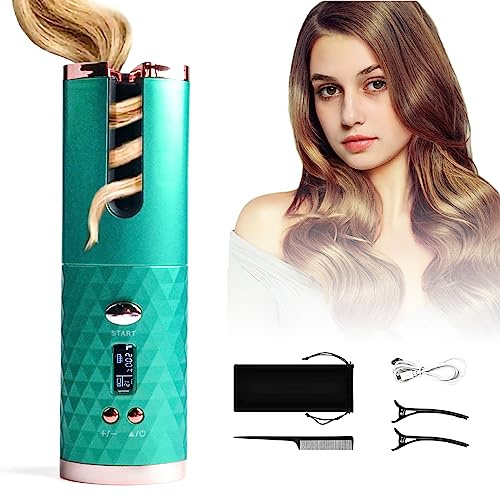 Automatic Curling Iron, Hair Curling Iron for Hair Styling, Cordless Auto Hair Curler, with 6 Temps and Timers, Auto Shut-Off, Fast Heating, Rechargeable Cordless Hair Curler 1 (Green) (Green)
