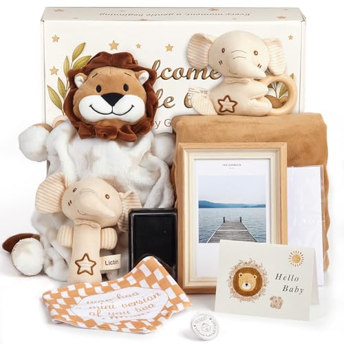 Lictin Baby shower presenter, nyfödd baby presentkorg, unisex baby present set med baby filt, baby säkerhetsfilt, baby skallra baby haklapp, decison mynt, minnessak fotavtryck, spädbarn present set