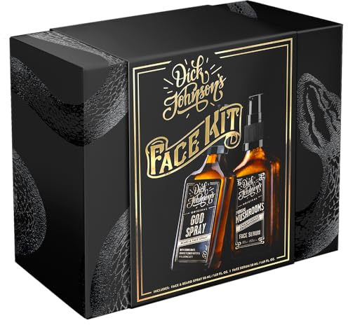 DICK JOHNSON Face Kit, Gesichtsserum & Hautspray mit Hyaluronsäure | Abschwellende Wirkung, Whiskey-Vanille Duft, Zwei-in-eins Hautpflegeroutine für Männer, Geschenkset