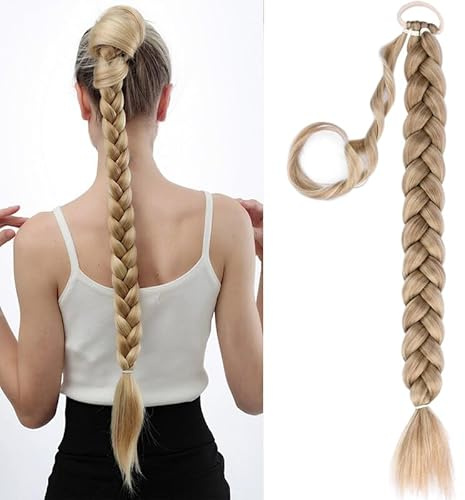 BOBIYA Lange Geflochtene Pferdeschwanz Verlängerung 30 Zoll Vorgestreckte Flechten Haarverlängerungen DIY Geflochtene Pferdeschwanz Natürliche Weiche Zöpfe (Helle Asche Blond)