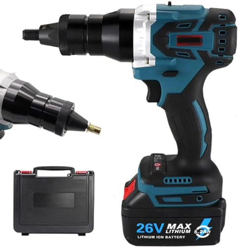 DPDZSW Remachadora de Tuercas Electrica, Remachadora Inalámbrica 26V, Pistola de Remaches Electrica con 2 Batería, Profesionales Remachado automático Pistola Clavos para M3-M12,2Battery-5200mAh