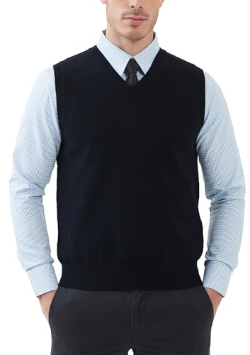 Kallspin Hommes Gilets en Coton sans Manches Col en V Gilets tricotés Pull-Over Relaxed Fit Sweater Vest (Noir, M)