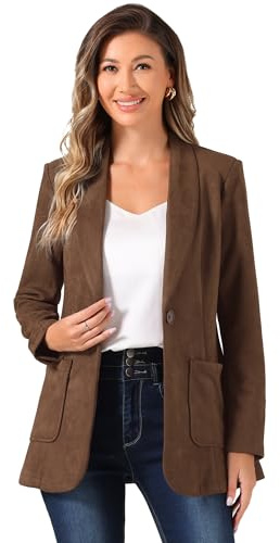Allegra K Blazer en faux daim pour femme avec col à revers et un bouton veste de costume habillée, marron, S