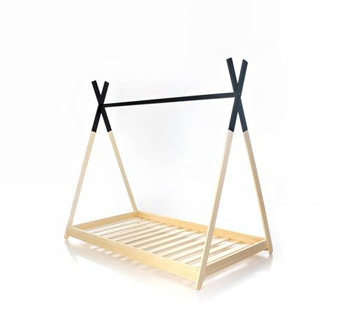 HOMEforDREAMS Tipi-Stil Kinderbett: Montessori-inspiriertes Design, Latten, bemaltes Tipi-Dach - Gemütlicher Schlaf- und Spielbereich für Kinder (Schwarz, 190x90cm)