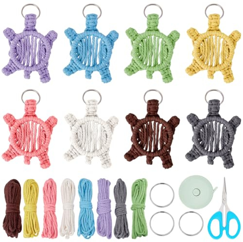 FREEBLOSS Kit de 8 Porte-Clés en Macramé Porte-clés Tutoriel en Corde de Coton Kit de DIY Bohème en Macramé pour Clés, Sac à Main, Téléphone, Portefeuille