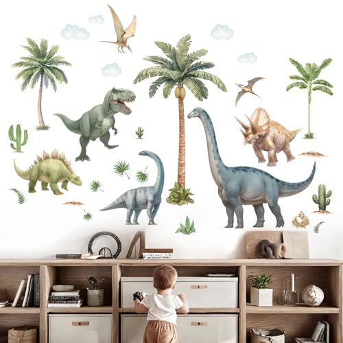 Amimagen Wandtattoos Große Dinosaurier Wandaufkleber - Tropische Palme Blatt Dino Wandabziehbilder - Kinderzimmer Kinder Baby Jungen Zimmer Kindertagesstätte Spielzimmer Klassenzimmer Wanddeko