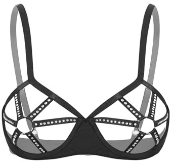Kaerm Lingerie Babydoll Donna Bra Reggiseno Erotica Biancheria Intima Bikini Brasiliana Reggiseno Aperto Davanti con O-Ring Hot Bra Push Up Lingerie con Strass Nero L