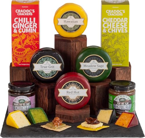 InterCheese | Classic 4 Cheese Truckles Hamper Gift with 2 Crackers, 2 Chutney Hamper using Cheddar, Double Gloucester, Wensleydale and Derby Cheeses presented in Wood Wool