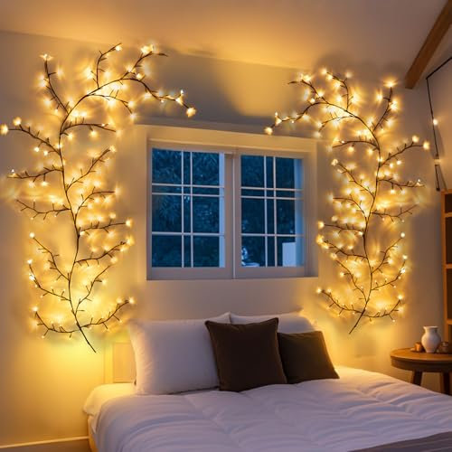 VANTREEGAO Luces de vid de sauce encantadas con control remoto, luces de rama de Navidad con 144 luces LED para interiores y exteriores, plantas artificiales, decoraciones para paredes, dormitorio,