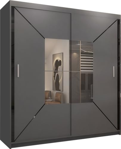 FURNITUREWAVE Nicci Sliding Door Wardrobe with Mirror, Space-Saving Bedroom Storage Cabinet with Shelves & Hanging Rails (Grey, 180cm)