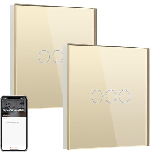 BSEED Smart ZigBee Interruptor, Interruptor de Pared Inteligente Compatible con Alexa y Google Home, Interruptor Empotrado 3 Gang 2 Vías Oro(Requiere Hub)2 Piezas