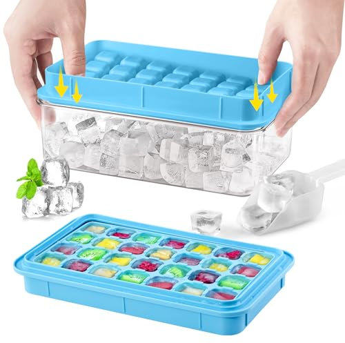 Cubiteras para Hielo, Bandeja para Cubitos de Hielo con Tapa y Tecipiente, 2 Piezas 56 Compartimentos Moldes para Cubitos de Hielo, Tapa Extraíble y Pala para Hielo, para Cóctel Whisky, Azul
