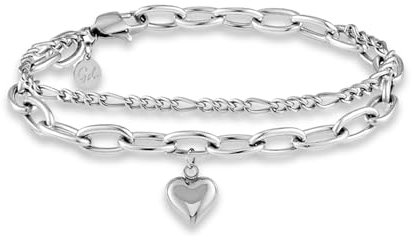 GD GOOD.designs Armband Herz für Damen Silber - Mehrreihiges Charms Armband in Silber |Silbernes verstellbares Herz Charm Armkette (14,5cm - 19,5cm) - Figaro Kette, Panzerkette
